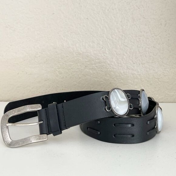 Vintage Leatherock Black Leather Belt with Silver gray stone Accents main image 11